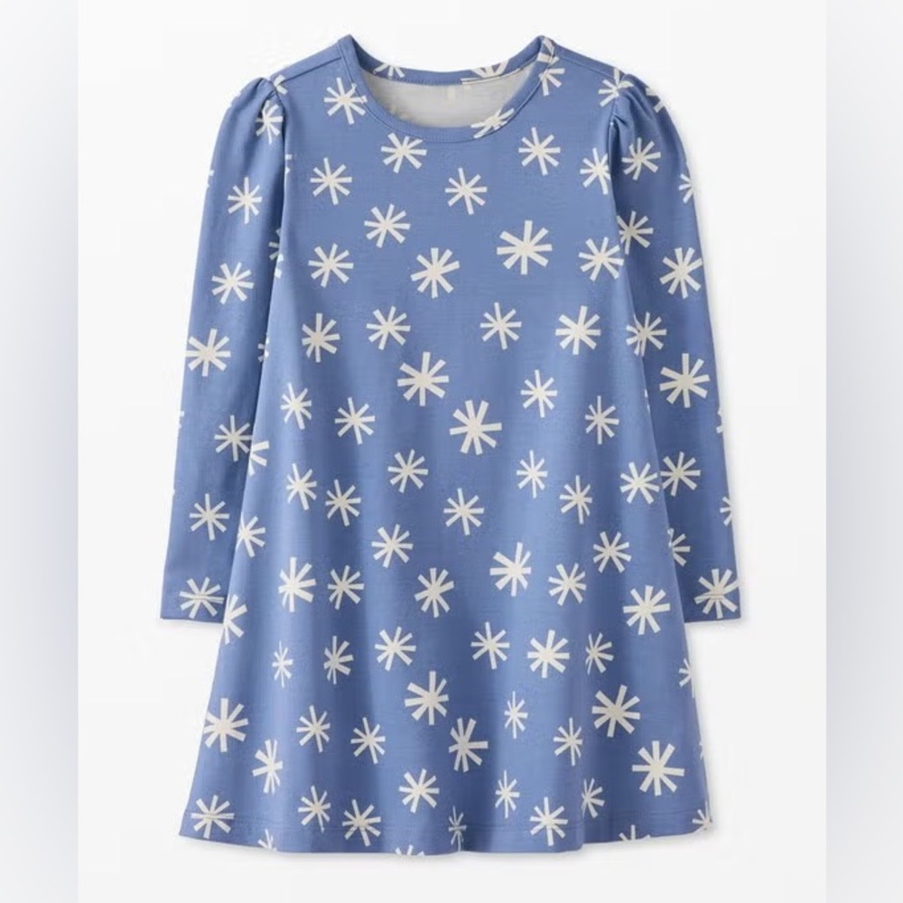 NWT Hanna Andersson Long Sleeve Swing Dress, Size 120 (US 6-7), Snowflake Blue - Picture 1 of 4